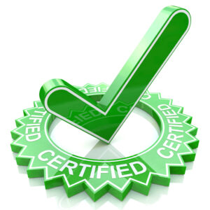 Green label with 3D text and check mark. Certified