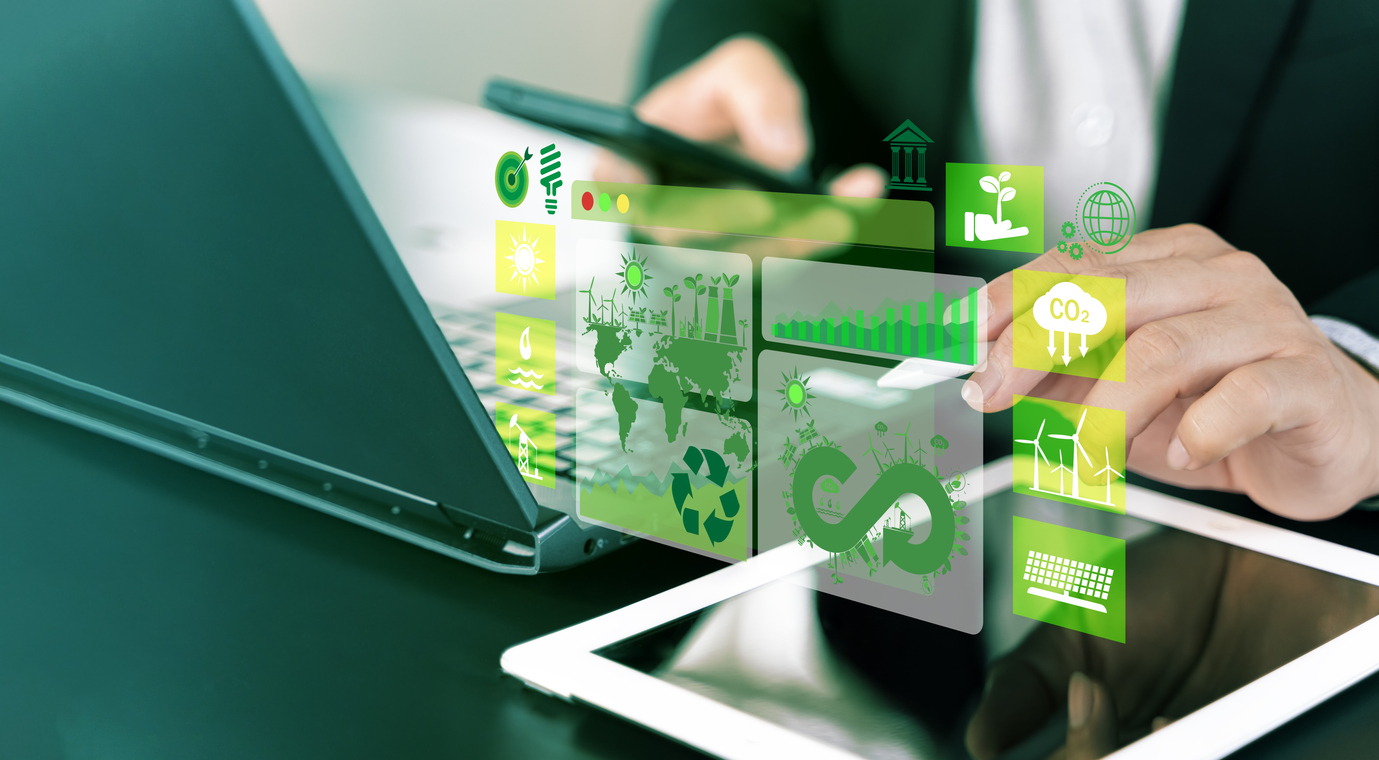 Businessman analyze sustainability investment with icons and Green chart. Concept of ESG