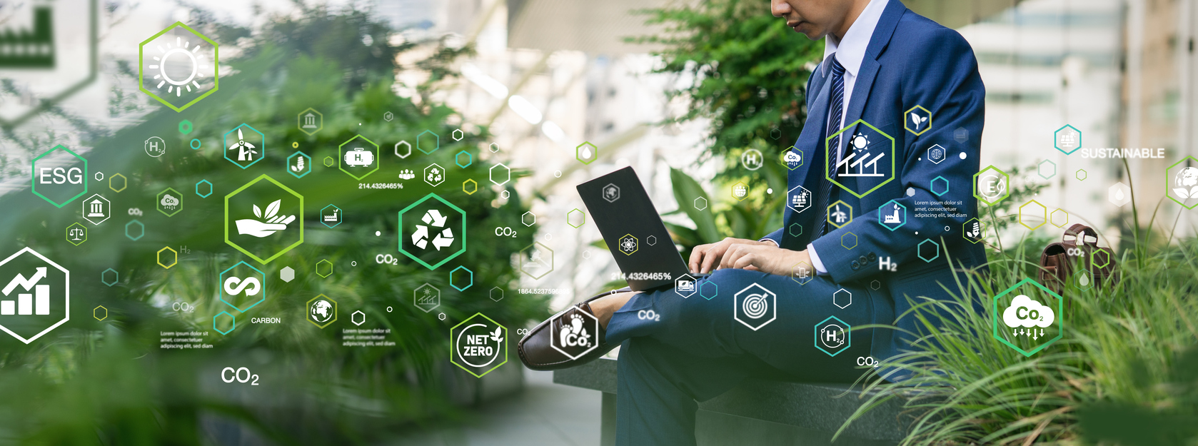 ESG icon concept in the hand for environmental, social, and governance. businessman working on tablet for modern business for sustainable resources of the environment, eco friendly building, growth