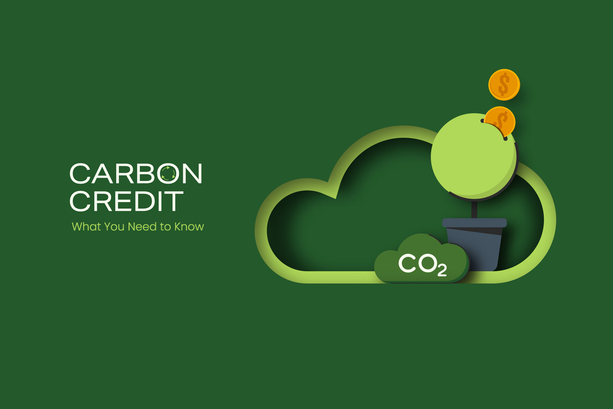 Carbon Credit concept. Sustainable development to reduce CO2 emissions impact. Carbon management concept. Paper Art Style. Minimal Vector illustration.